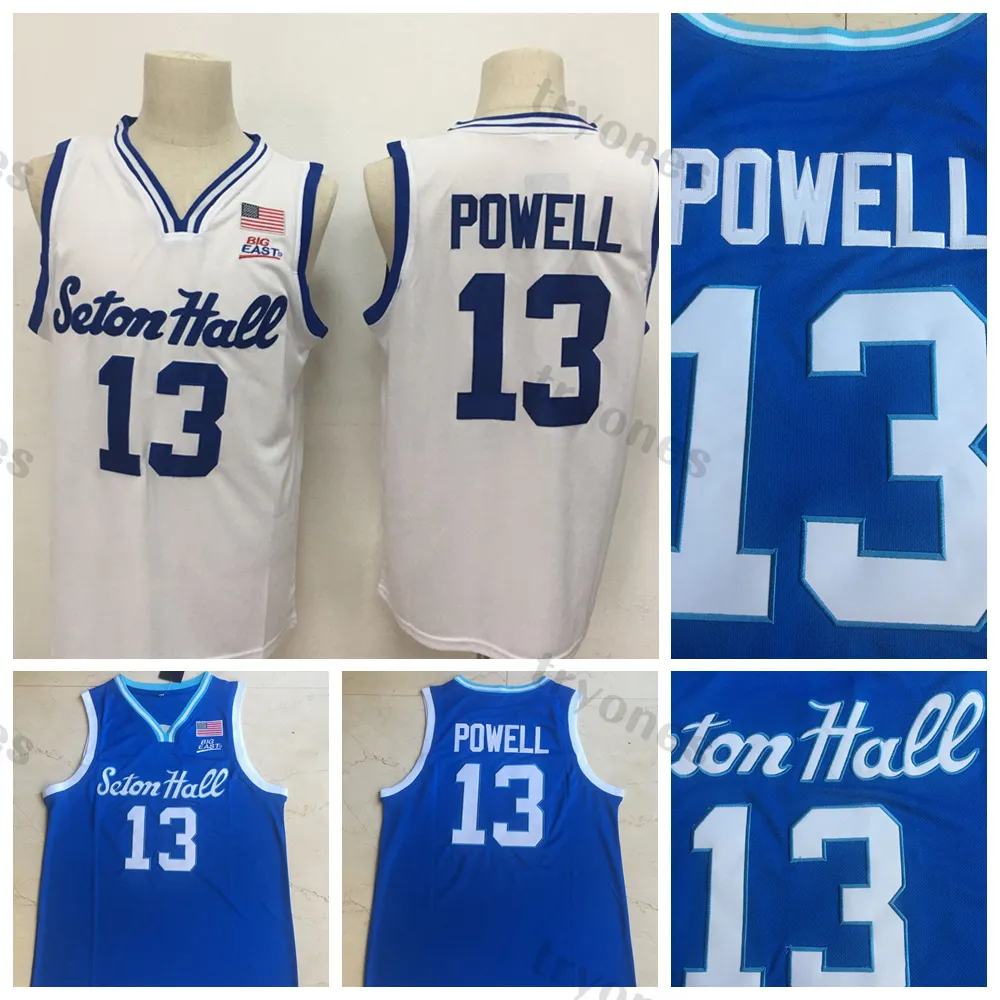 Herren NCAA Seton Hall Myles Powell 13 College-Basketballtrikots Blau Weiß Universitäts-Hemden mit Nähten S-XXL