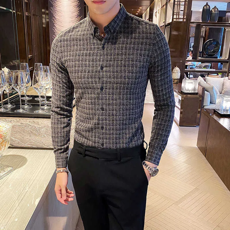 Business Casual Plaid Shirts Mężczyźni Z Długim Rękawem Slim Fit Formalne Sukienka Koszule Brytyjski Styl Biuro Party Socjalna Bluzka Chemise Homme 210527