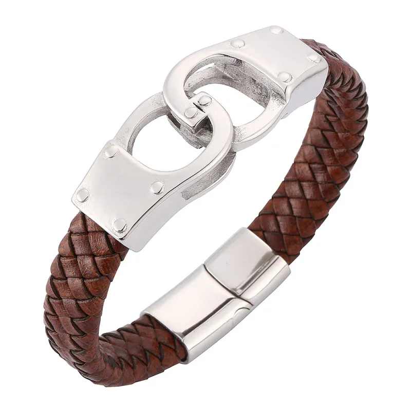 Nouveau Bracelet à breloques manchette en acier inoxydable à la mode boucle magnétique Bracelets en cuir véritable noir marron