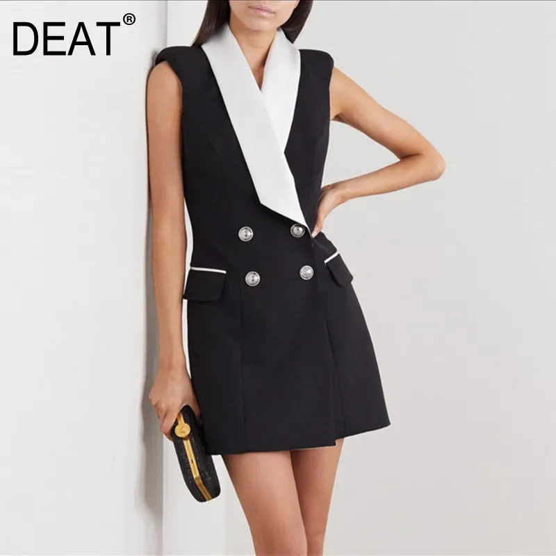 Spring Autumn Fashion Double Breasted Sleeveless Splicing A-line Streetwear Temperament Women's Dress 3AC491 210421