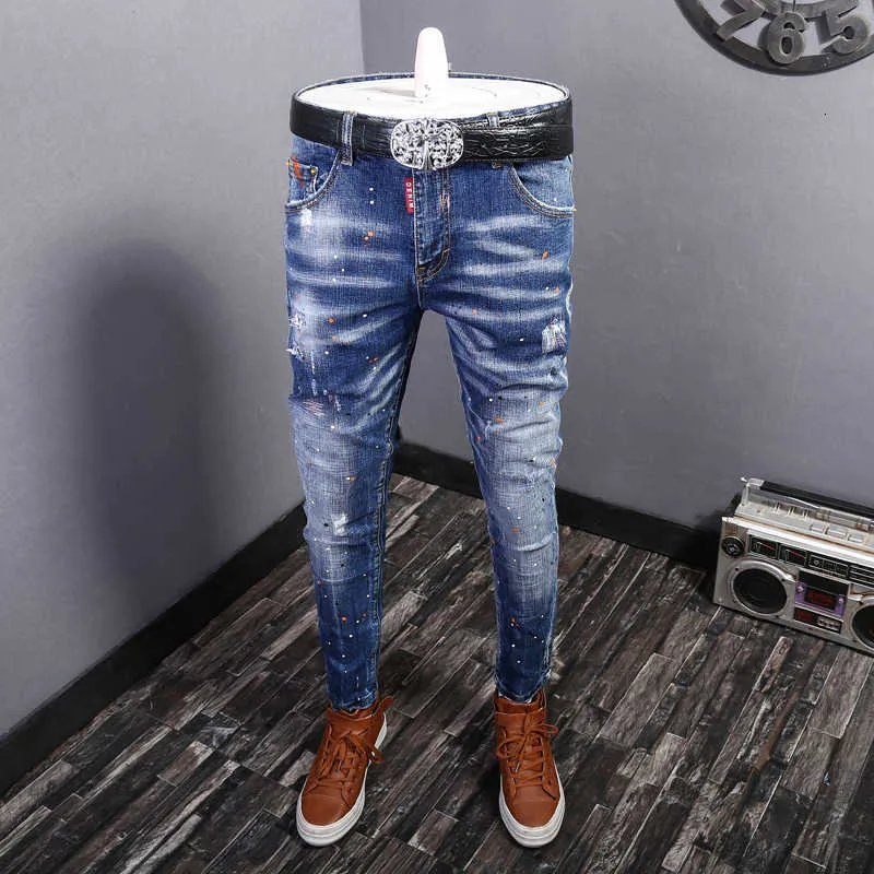 Mode Streetwear Hommes Jeans Bleu Couleur Élastique Slim Fit Déchiré Coton Denim Pantalon Homme Peint Designer Hip Hop Long Pantalon