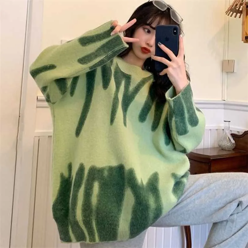 Oversized Sweater Green Pullover Kvinnor Stickade lösa Toppar Vinter O-Neck Harajuku Sueter Mujer Pull Tie Dye Ytterwear 211018