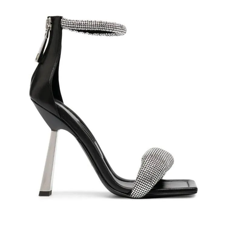 2024 Vrouwen Dames Echt Echt Leer Hoge Hakken Sandalen Zomer Casual Vierkante Neus Diamant Rits Zoete Party Trouwjurk Sexy een-lijn Schoenen Maat 34-40