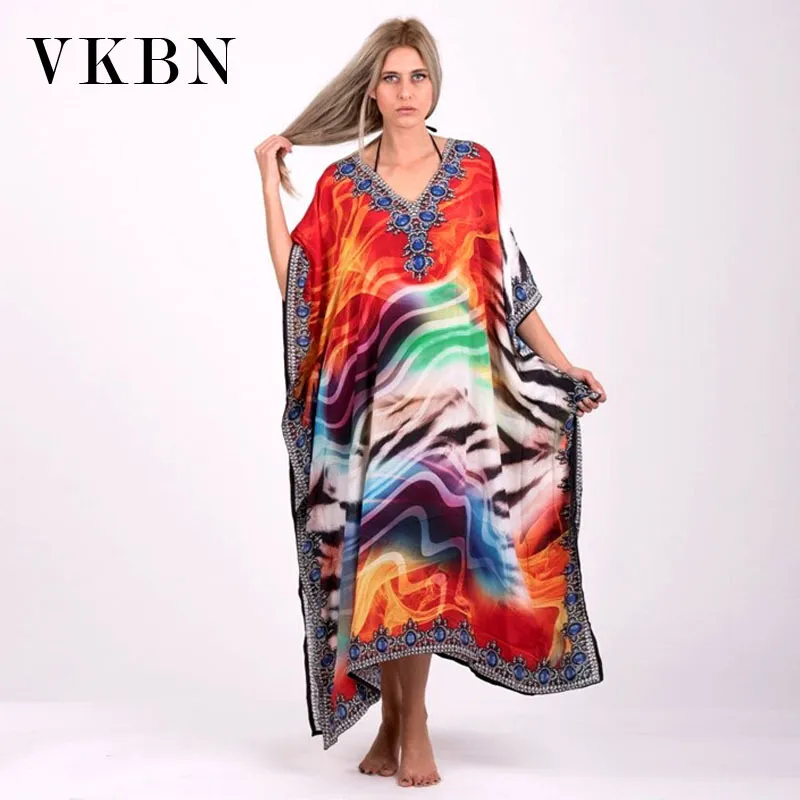 VKBN Summer Dress Women Up Fashion Printing V-Neck Plus Size Women Party Dress Batwing Sleeve Straight Dress Long 210507