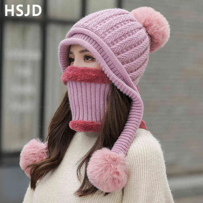 Cappello lavorato a maglia da donna invernale Sciarpa di colore misto 2 pezzi Set caldo fodera in peluche Skullies Berretti Cappelli con 3 palline Pompon Ear Cap Donna