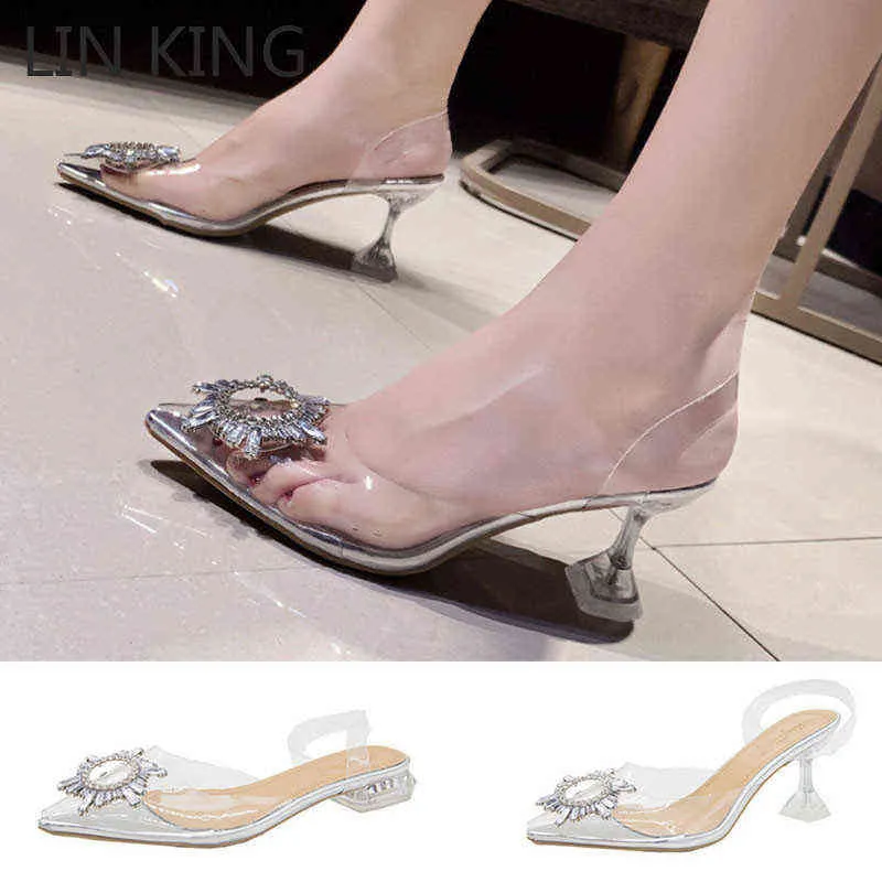 LIN KING New Summer Women Pumps High Heels Bling Crystal Shoes Sexy Pointed Toe Ladies Party Dress Shoes Transparent Slippers Y220225