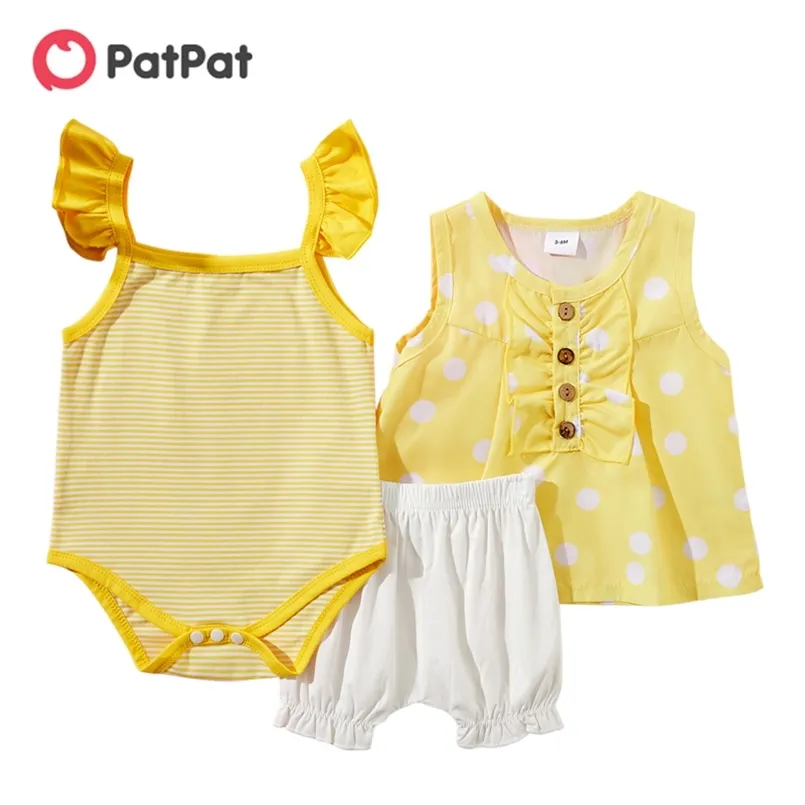 3pcs 3-24Mの赤ちゃんの女の子の服は夏の間短い綿のropmerのトップの甘いストライプと水玉をセットします210528