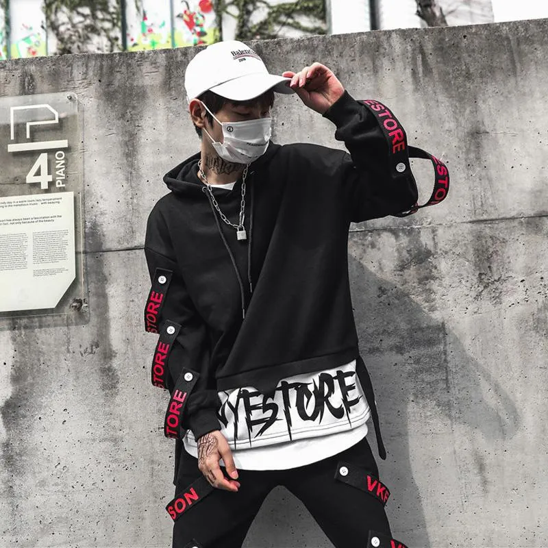 Men s Hoodies Sweatshirts Fashion Streetwear Techwear Sweatshirt Hip Hop Clothes Men Black Stylish Punk Casual Ribbon Skateboard