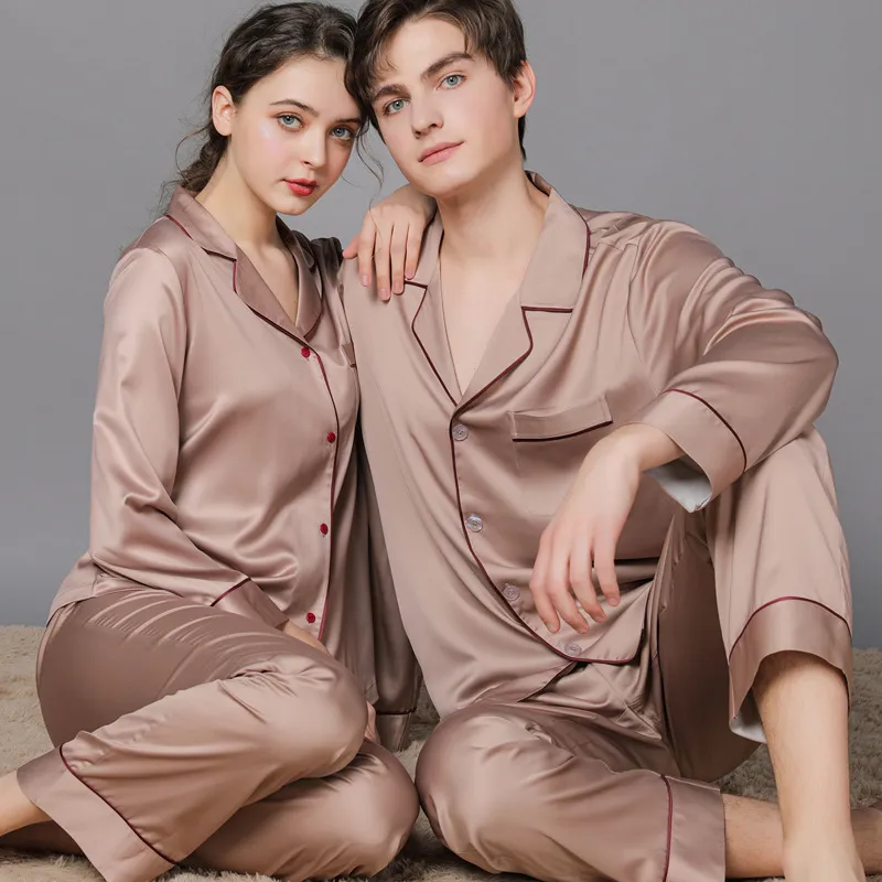 Solid silke par pyjamas set långärmad mjuka mysiga pyjama kvinnor lösa överdimensionerade män sleepwear nightgown vår hem kläder 210524