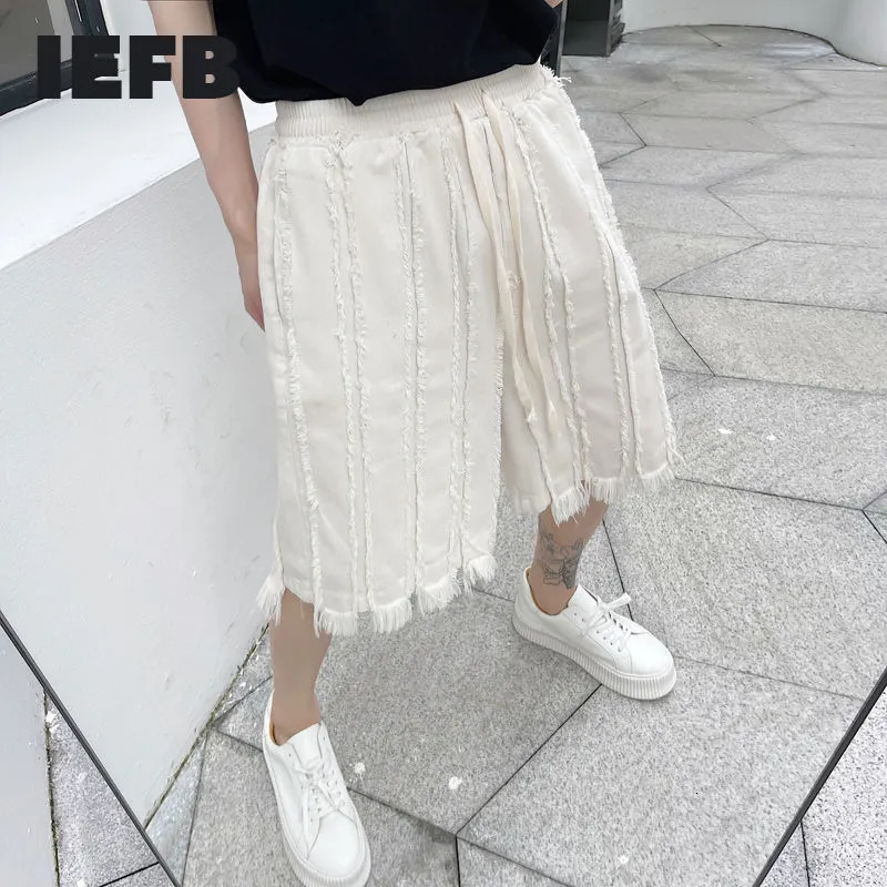 IEFB Summer Destroy Design Patchwork Men's White Jeans Shorts Drawstring Waist Black Loose Causal Knee Length Pants 9Y7061 210524