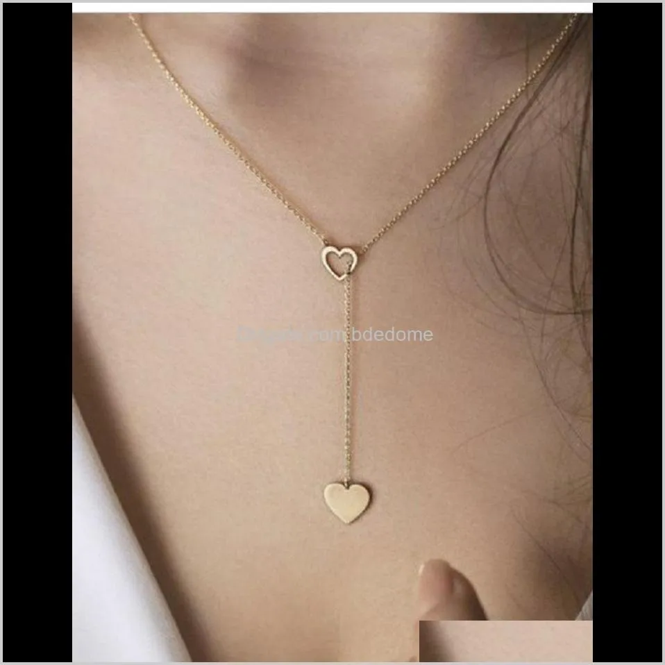 y shape necklace heart pendant through hollow-carved heart silver gold color plated with metal chain women party accessory