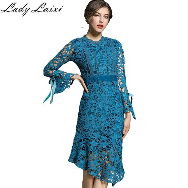 Autumn Hollow lace Women dress Flounce Fishtail Sexy dresses Horn sleeve irregular Party Female Vestidos 210529