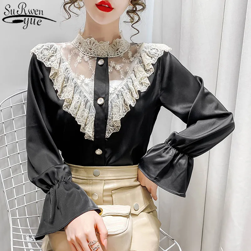 Outono Silky Lace Lace Cut Should Manga Longa Camisa Mulher Ruffled Único Breasted Breasted Top Blusas Mujer 12475 210427