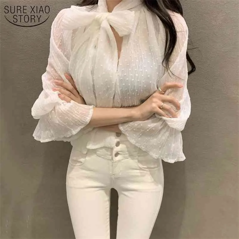 Весна плюс размер женской рубашки повседневная длинная рукава белый шифон блузка топы лук твердое свободно кружева женские рубашки блузки 13413 210508