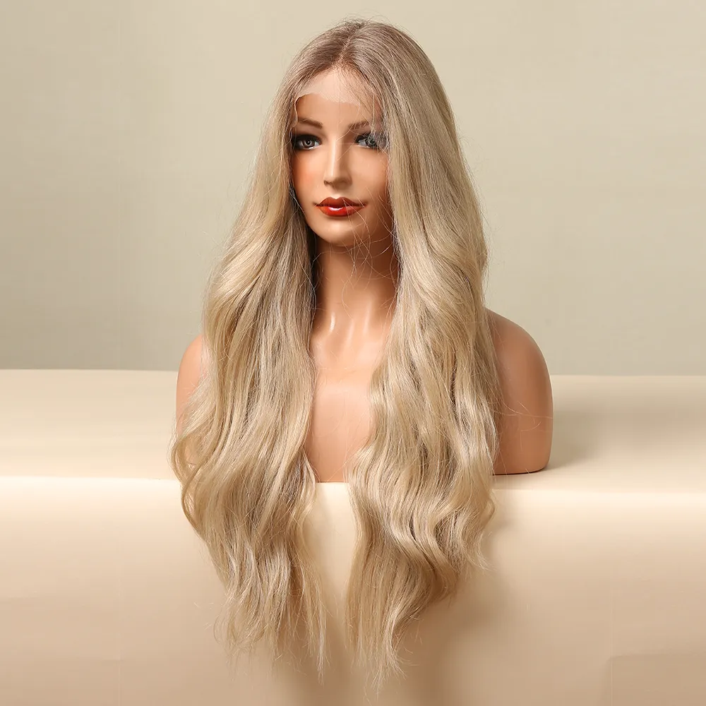 Long Wave Lace Front Wig for Women Brown to Blonde Ombre Synthetic Wigs with Baby Hair High Density Wig Heat Resistantfactory direct