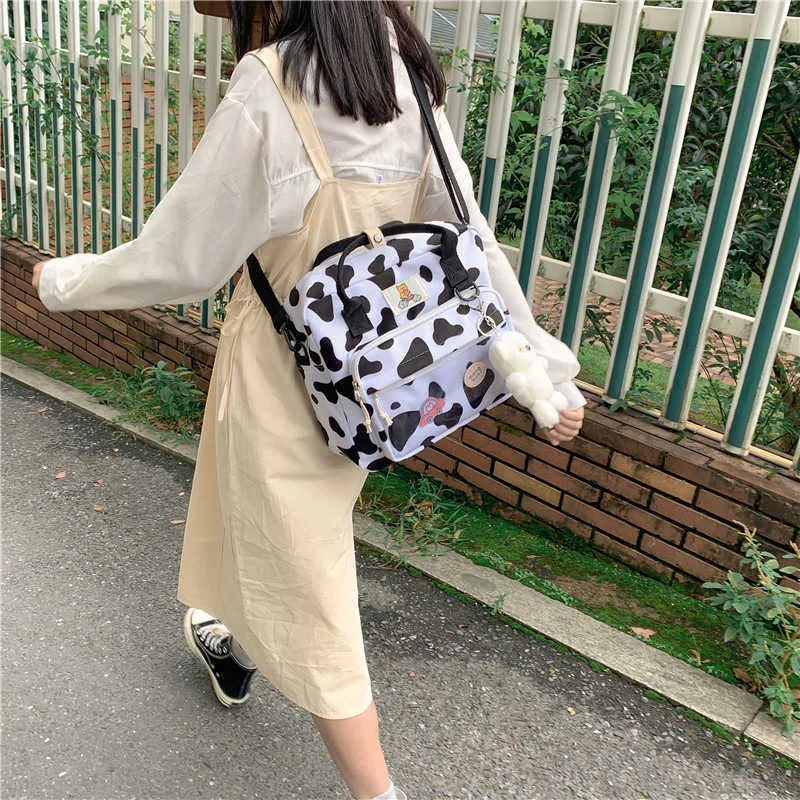DCIMOR New Lovely Cow Spotted Women Backpack Female Suede Multi-function Travel Bag Transparent Front Pocket Small Schoolbag Y0804
