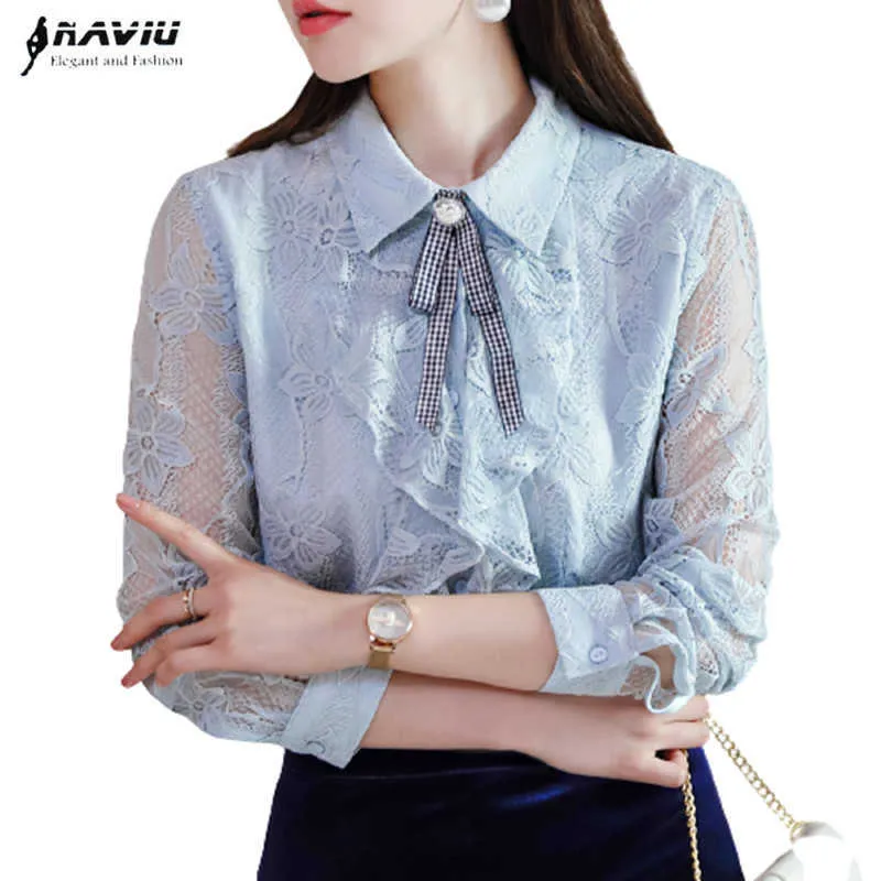 Lace Shirt Women Spring Long Sleeve Fashion Temperament Design Ruffles Blouses Office Ladies Professional Work Tops 210604