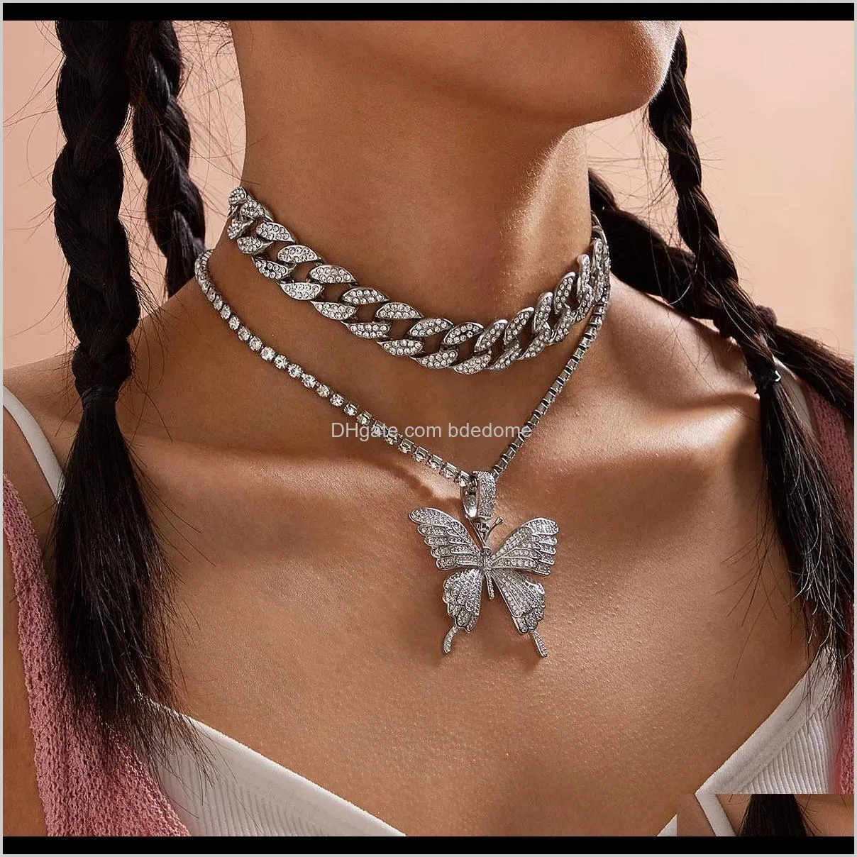 blingbling exaggerated micro-inlaid rhinestone geometric necklace women retro suit cuban chain big butterfly necklace