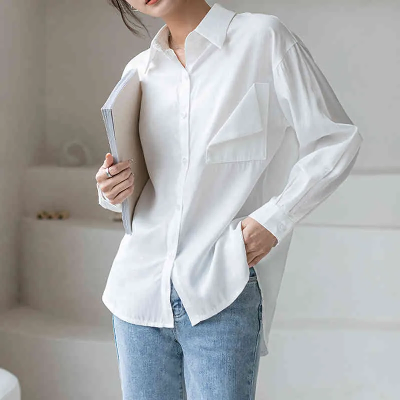 Harajuku Shirts Blusa Feminina Blouse Women White Shirt Pockers Office Work Solid Loose Ladies Tops 615G 210420
