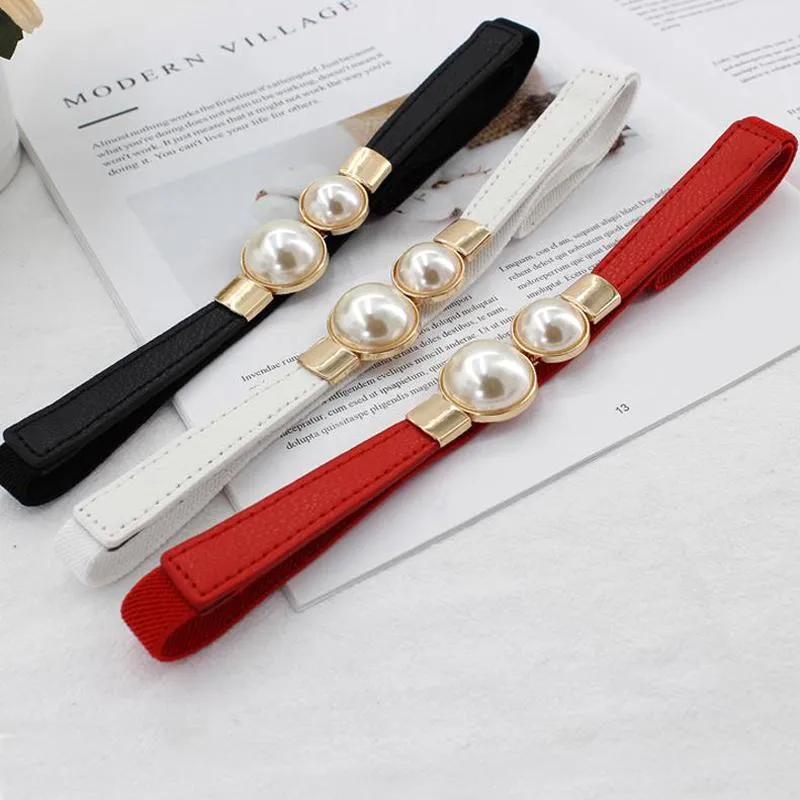 Belts Lady Thin midja Elastisk midjeband för kvinnor Solid Pu Splicing Straps Fashion Dress Strap Simulated Pearl