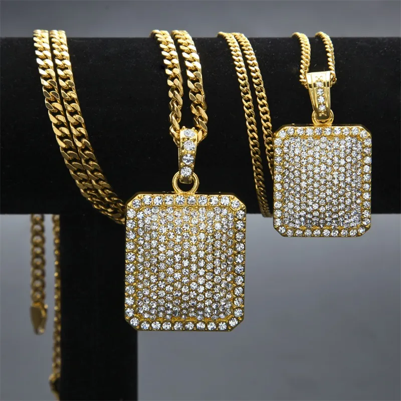 Mens Gold Cuban Link Chain Fashion Hip Hop Jewelry with Full Rhinestone Bling Bling Diamond Dog Tag Iced Out Pendant Necklaces 745 T2