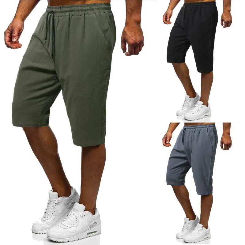 Men's Pants Summer 2021 Shorts Casual Cotton And Linen Drawstring Sport Straight Leg Cropped Trousers Pocket Streetwear Jogger Men