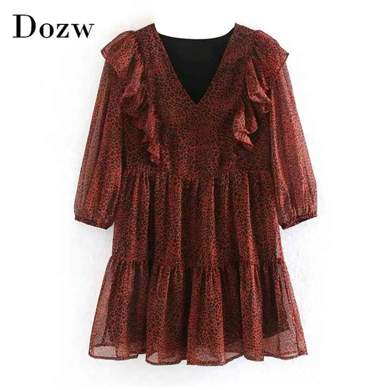 Moda Leopard Imprimir Chiffon Mini Vestido Mulheres V Neck elegante Ruffles Plissado Manga Longa Vintage Party Vestidos 210515