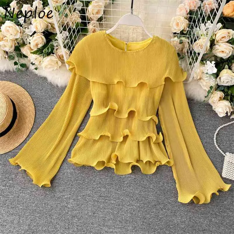 Ins Cascading Ruffles Design Women Blouse Fashion Fresh O-neck Flare Sleeve Femme Blusas Pleated Chiffon All-match Shirts 210422