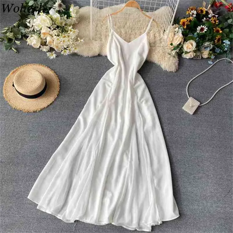 Summer Dress Women Solid Beach Style Elegant Spaghetti Strap White Vestidos Backless Sexy Long Chic Party Dresses 210519