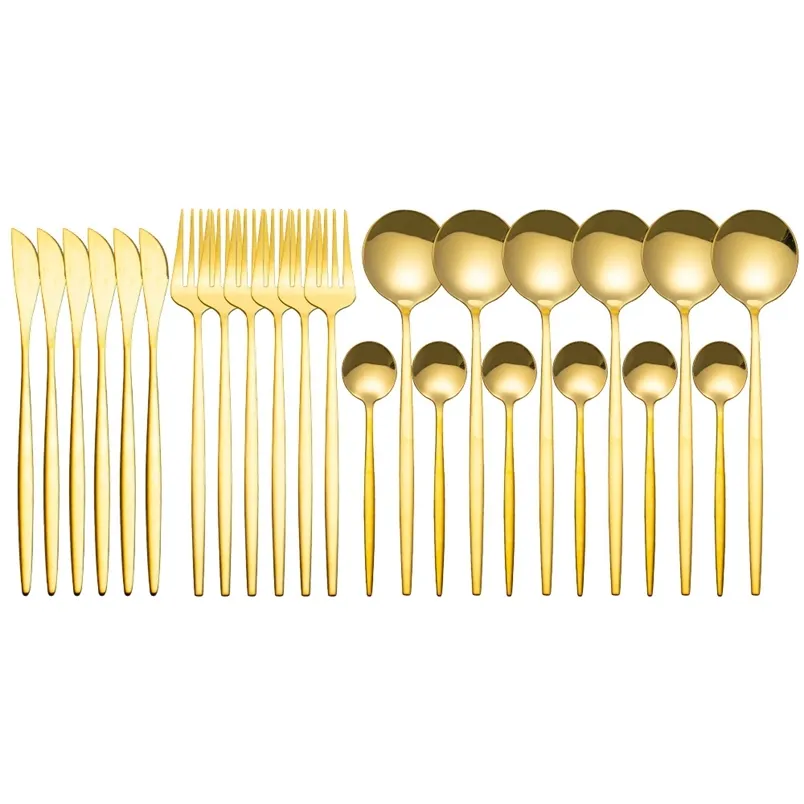 Cutlery Set Stainless Steel 24pcs Gold Tableware Cutlery Dinner Set Knife Fork and Spoon Cutlery Tableware Covered Vaisselle 211112