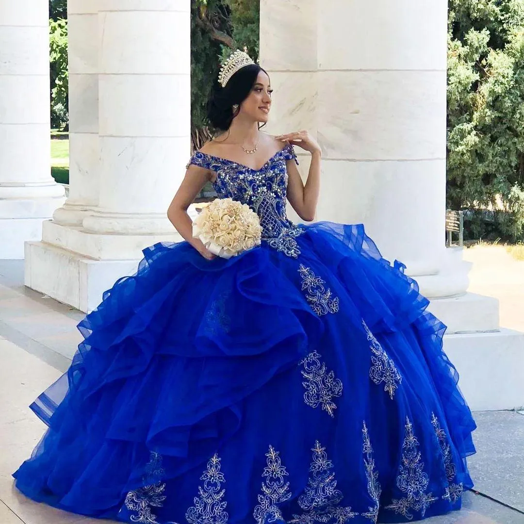 2021 Vintage Royal Azul Quinceanera Vestidos Bola Vestido Off Ombro Lace Lace Appliques Beads Corset Back Ruffles Tiered Sweet 16 Plus Size Party Party Prom Noite Vestidos