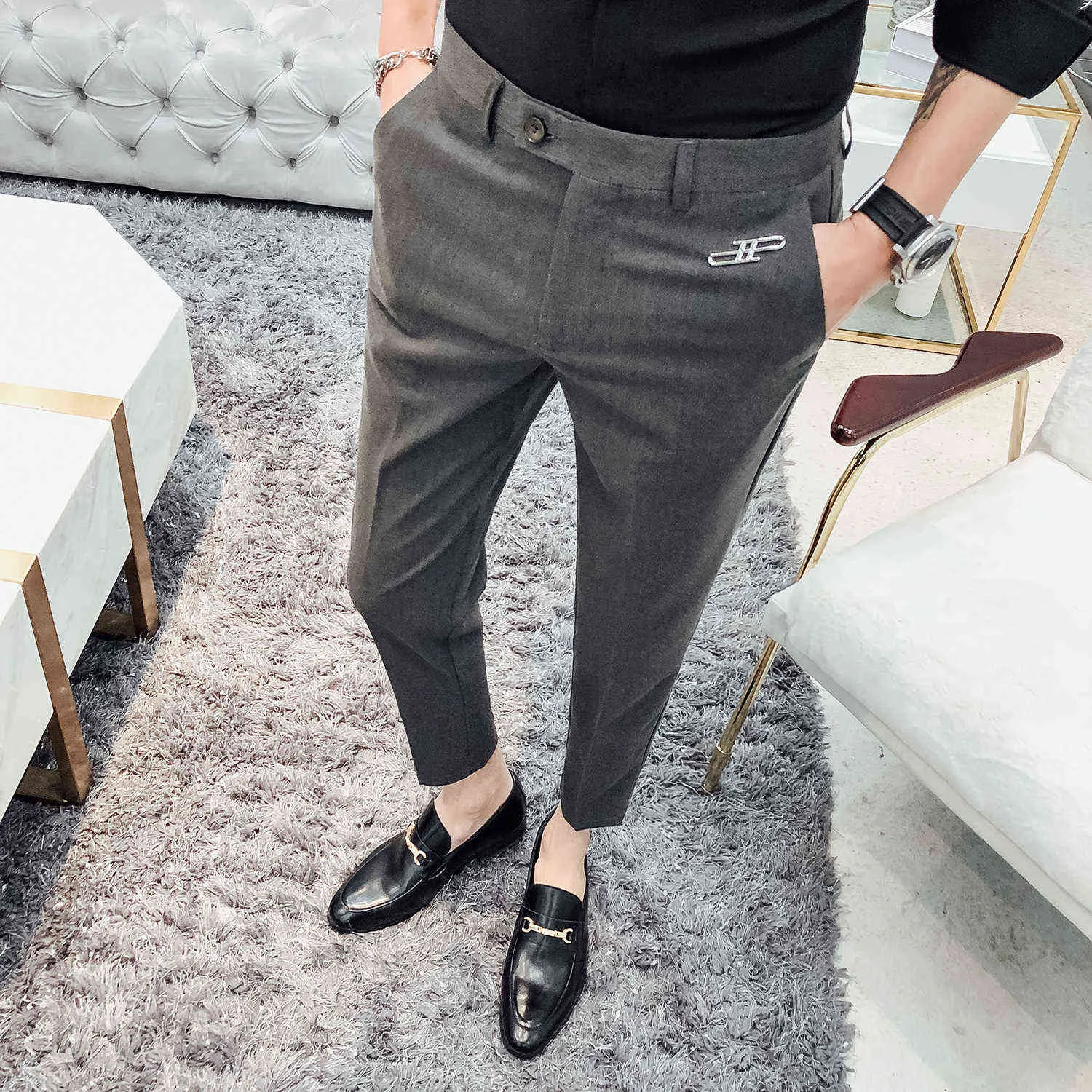 Pantaloni da uomo slim da uomo Pantaloni da lavoro casual Moda da uomo Pantaloni da abito da sposa formale Street Wear Abbigliamento maschile Nero Grigio 210527