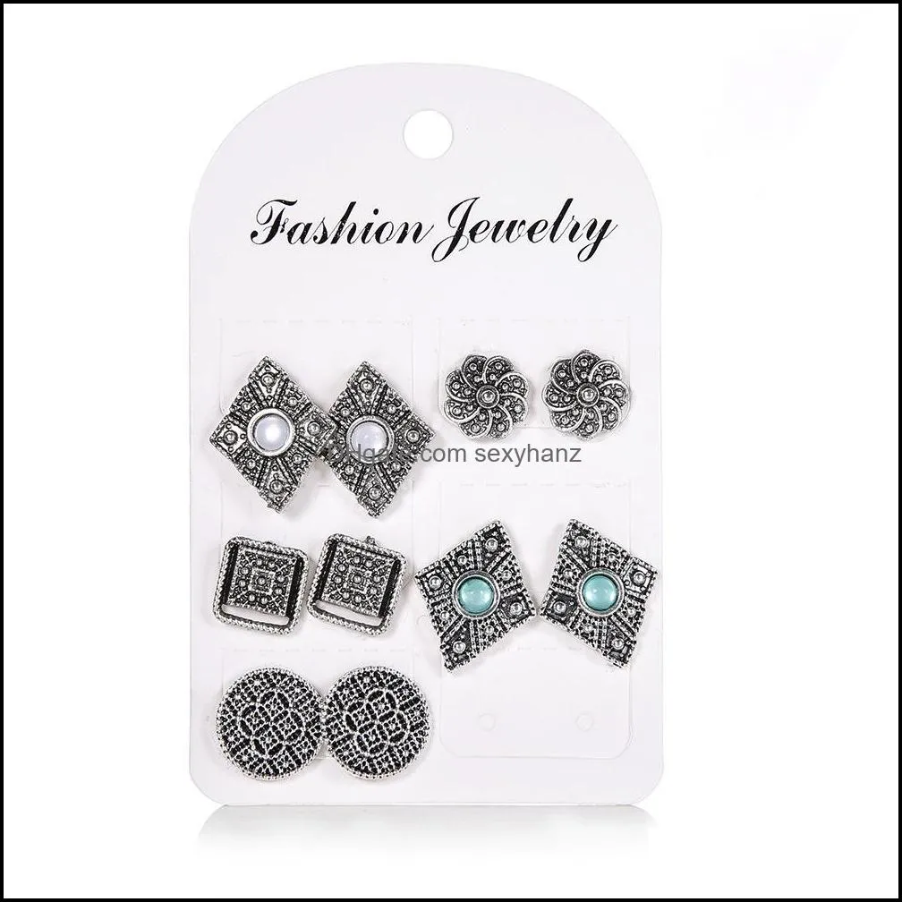Fashion Hollow Carved Diamonds Stud Dazzling Blue White Gemstone 5 pairs set