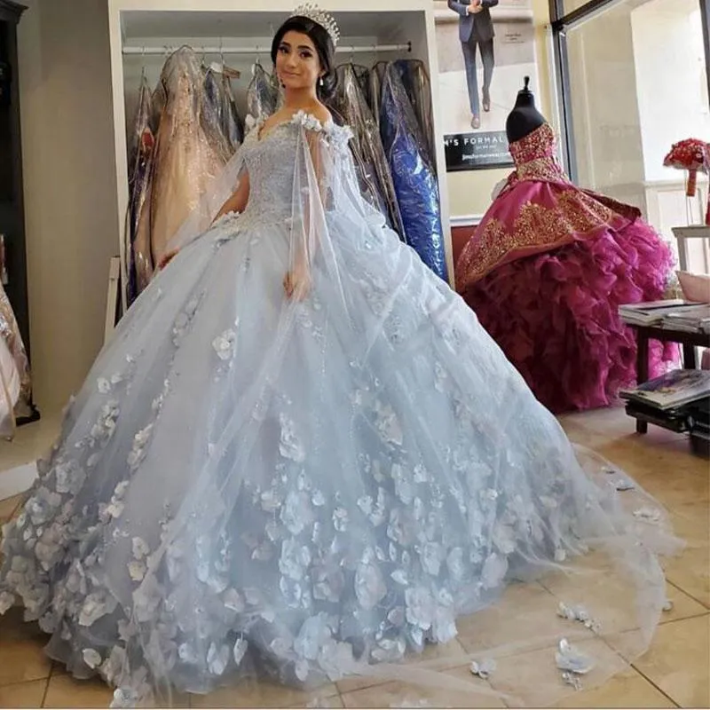 Luz azul quinceanera vestido com cabo envoltório 2021 fora do ombro flores lantejoulas grânulos festejos princesa doce 16 vestidos de 15 años