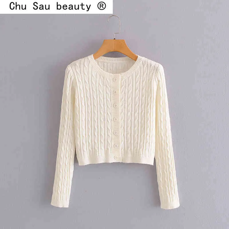 Chu Sau Beauty Blowger Estilo de malha colheita Tops Mulheres Casual Chic O-Neck Malha Camisetas Outono Único-Breasted Cardigans Cardíbios 210508