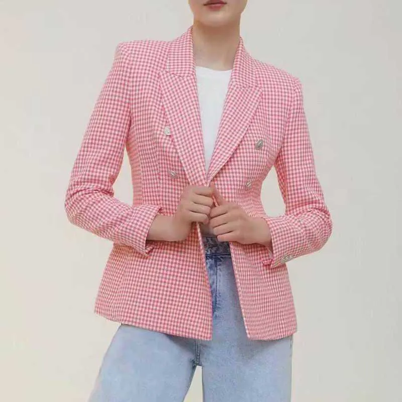 여성 블레이저 가을 패션 houndstooth 더블 유방 코트 사무실 레이디 정장 톱 210602