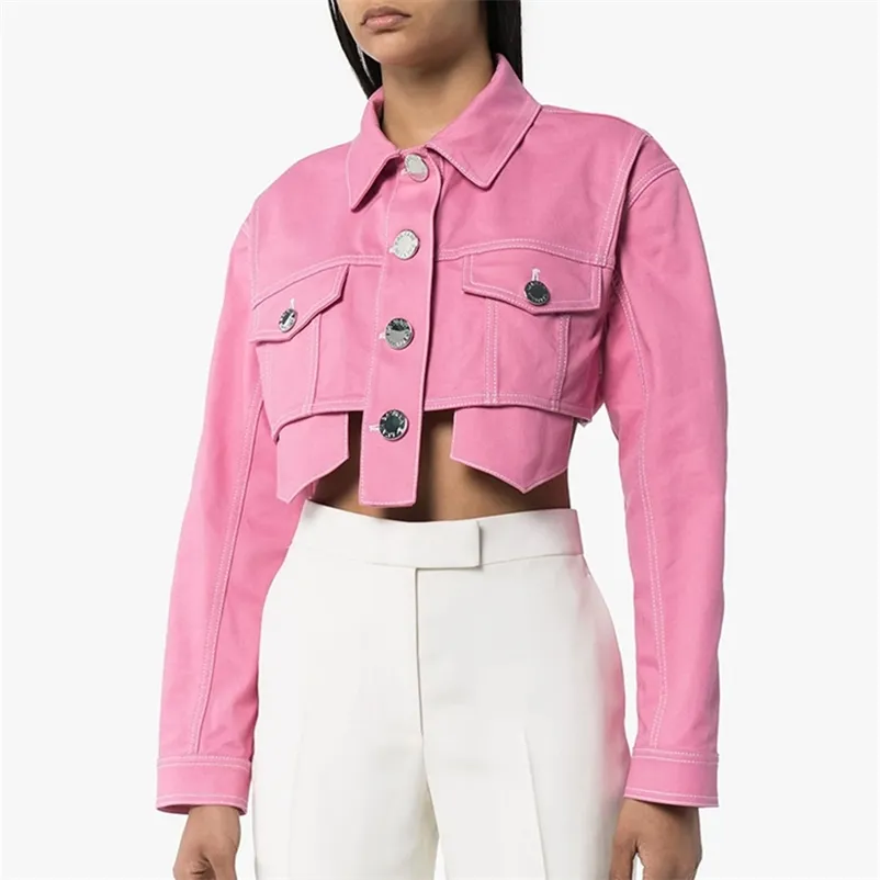 High Street Fashion Designer Jacket Dames Top Stitching Contast Denim Crop 210521