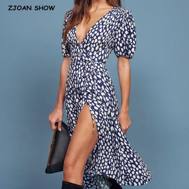 Summer French V neck Blue white Leopard Dot Print Wrap Dress Holiday Woman Lace up Short Sleeve One-piece Midi Tea Dresses 210429
