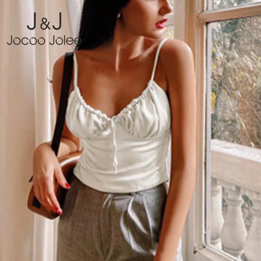 Jocoo Joleeセクシーな女性スリムキャムのためのエレガントなサテンの描画レースアップVネックホワイトブラックスリングタンクトップチュニック210518