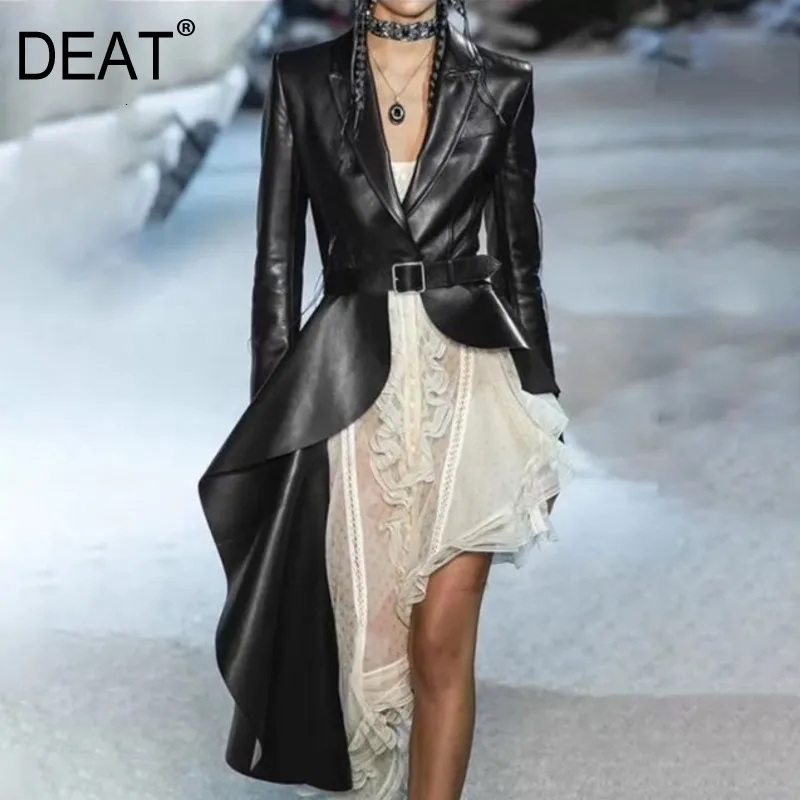 DEAT turn-down collar full sleeves asymmetrical bottoms PU leather waist belts female trench spring coat WJ86104L 210428