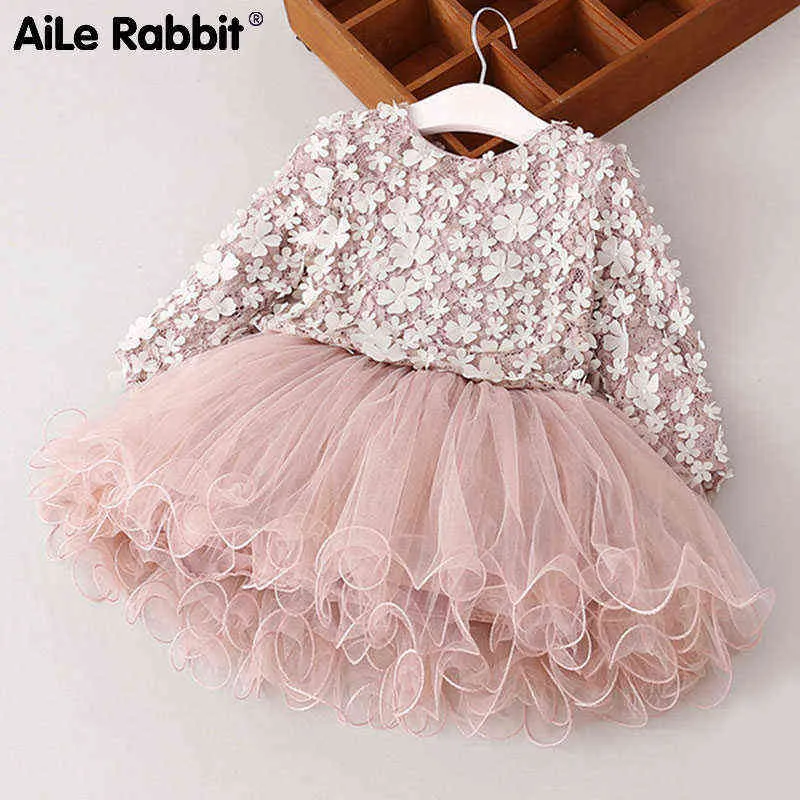 Aile Rabbit Kleid neue Spitzenblume Prinzessin Kleid 2018 Spring Girls Kleid Winter Langarm Blütenblätter Mädchen Kleidung Kinder Kleider G1215