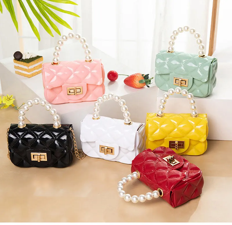 PVC Girls Handbag Mini Jelly Purse Small Children Crossbody Bag Summer Candy Color Pearl Ladies Hand Bags Evening Cluth Bag