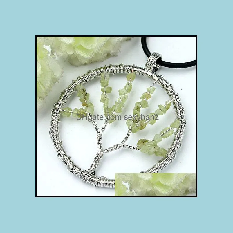 Wholesale 10Pcs Silver Plated Gravel Quartz Stone Wire Winding Round Shape Tree of Life Hearling Ponit Chakra Pendant Charm Jewelry