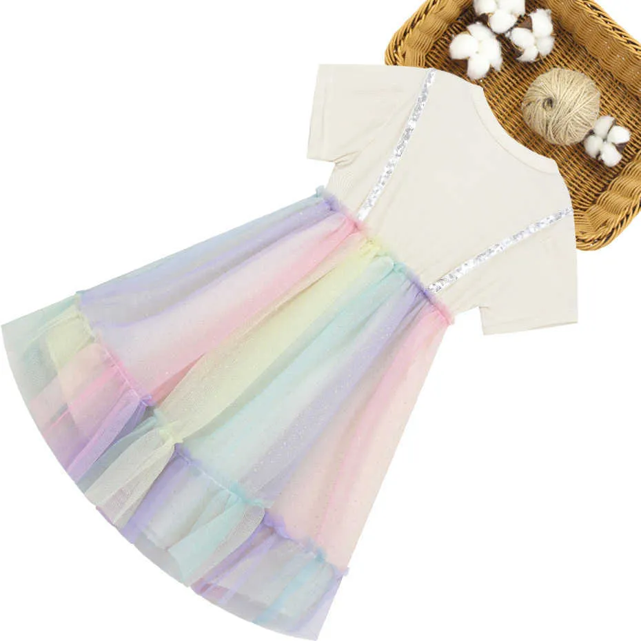 Sommarklänningar för flickor Rainbow Mesh Dress for Girl Patchwork Kids Ruffles Klänningar Tonåring Barnkläder 6 8 10 12 14 Q0716