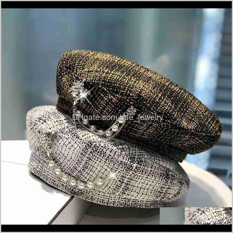 2020 fashion pearl rhinestone plaid wool beret women winter hat women flat top knitted cashmere hat beret