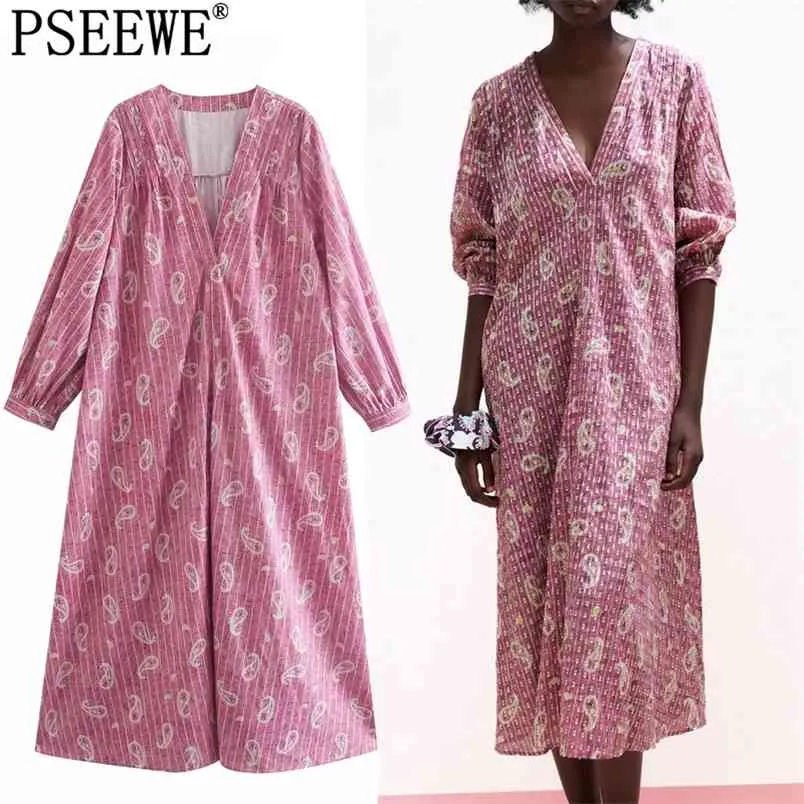Sukienka Kobieta Paisley Drukuj Paski Długie Kobiety Vintage Asymetryczny Hem Puff Sleeve Midi Casual Summer ES 210519