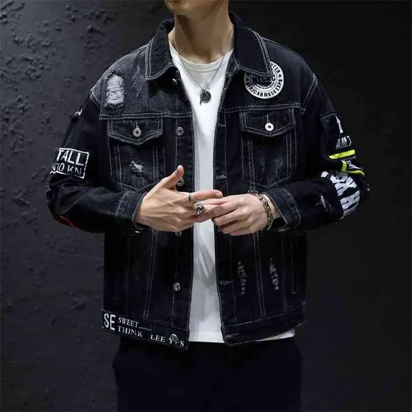 Denim Jacket Men Women Hiphop Streetwear Punk Rave Steampunk Motorcycle Cowboy Graffiti Ripped Outwear Brand Jeans 210923