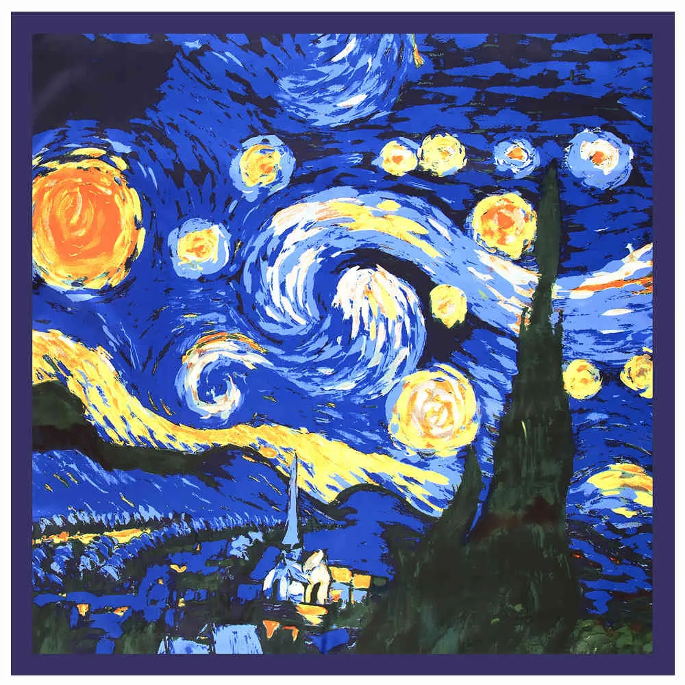 Écharpe de designer 2024 Hiver Peinture à l'huile de Van Gogh Marque de luxe Foulard carré en soie sergé Femmes Foulard Châle Foulards pour dames