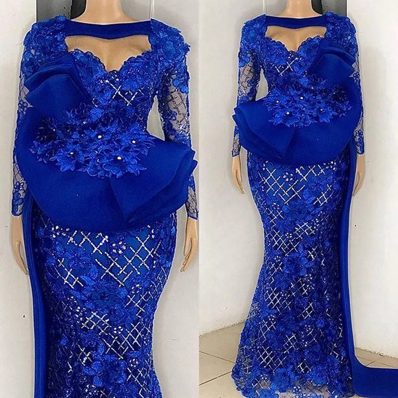 Plus Size Arabic Aso Ebi Mermaid Lyxiga balklänningar Spets Långa ärmar kungsblå Kvällsfest Andra mottagning Klänningar