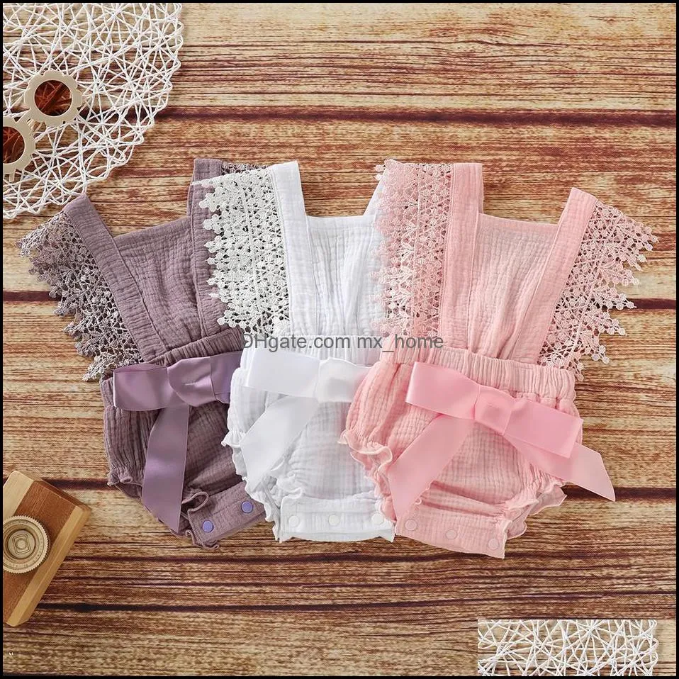 Baby lace Rompers Newborn ruffle Jumpsuits kids bow romper Summer Solid Color Fashion Climbing clothes Z4502